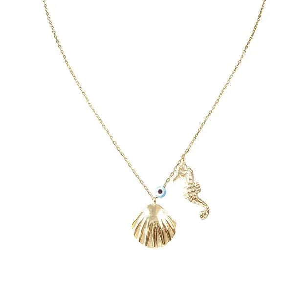 Seashell & Seahorse Necklace with Evil Eye